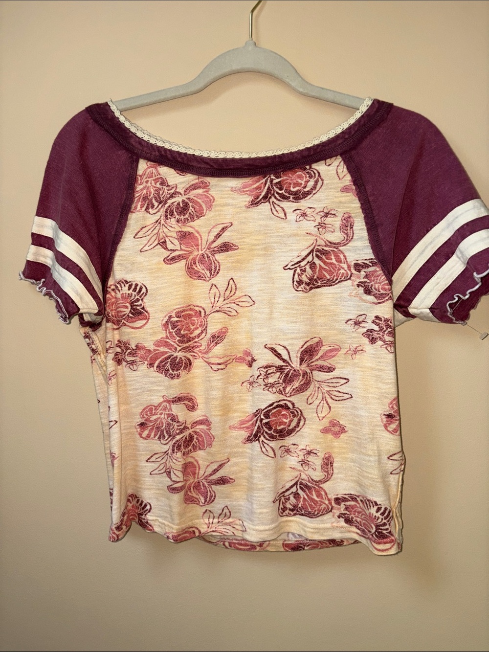 We The Free Floral Raglan Top in Maroon and Cream